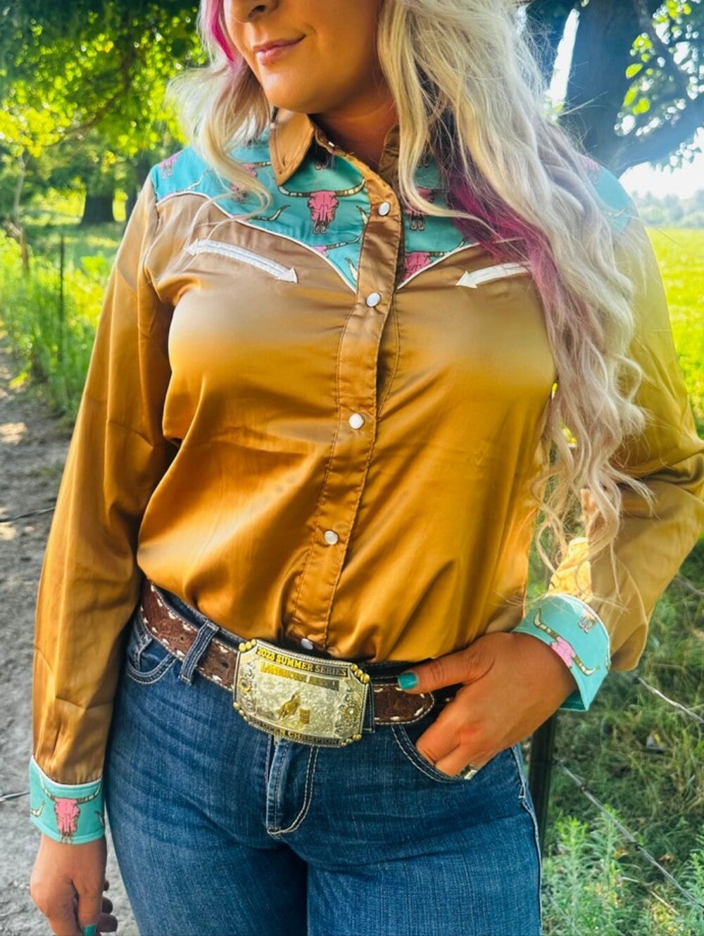NEW MERIGOLD KISS Brown and Turquoise Western ShirtCow skull Pearl Snap Up Shirt